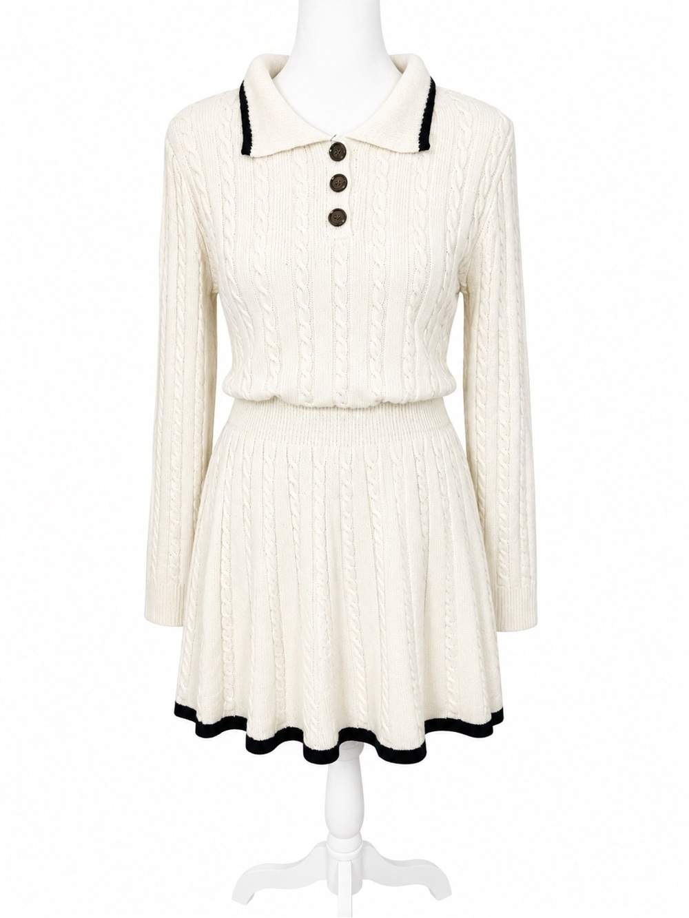 SHEIN Cream Cable-Knit Polo Skater Dress with Black Trim